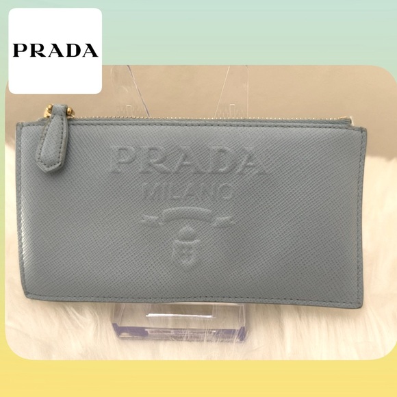 PRADA Embossed Fragment Case Card Saffiano Leather/ Blue Celeste - Picture 1 of 11